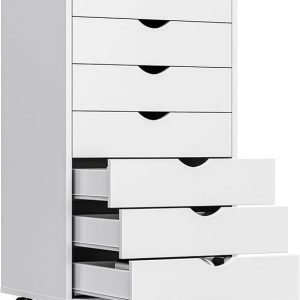 OLIXIS 7 Drawer Mobile File Cabinet Under Desk Storage Organization with Wheels Vertical Filing Chest Rolling Wood Small Desk Printer Stand for Home Office, 15.75″D x 18.74″W x 34.25″H, White