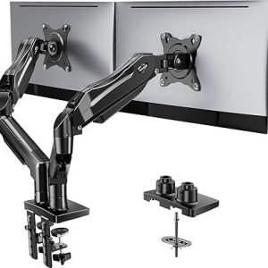 HUANUO FlowLift Dual Monitor Stand, Fully Adjustable Gaming Monitor Desk Mount for 13–32″ Computer Screens, Full Motion VESA 75×75/100×100 with C-Clamp & Grommet Base, Each Arm Holds 4.4 to 19.8 lbs