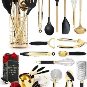 Black and Gold Kitchen Utensils Set – 23-Piece Luxury Kitchen Accessories Includes Gold Measuring Cups, Spoons, Silicone Cooking Utensils and Tools for Baking, Cooking, and Stylish Kitchen Decor