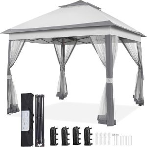 Yaheetech 11×11 Pop Up Gazebo Outdoor Canopy Shelter, Instant Patio Gazebo Sun Shade Canopy Tent with 4 Sandbags, 2 Tiers Roof & Mesh Netting for Lawn, Garden, Backyard & Deck, Gray