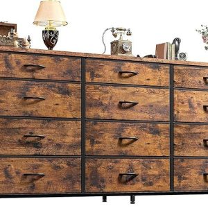 Romorgniz 55″ Dresser for Bedroom with 12 Fabric Drawers, Entertainment Center for 60 inch TV Dressers & Chests of Drawers Large Organizer, Living Room, Metal Frame, Wood Top, Rustic Brown