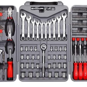 CARTMAN 205 Piece Ratchet Wrench Tool Set 1/4″ & 3/8″ & 1/2″ Drive with SAE/Metric Sockets Kit in Plastic Toolbox