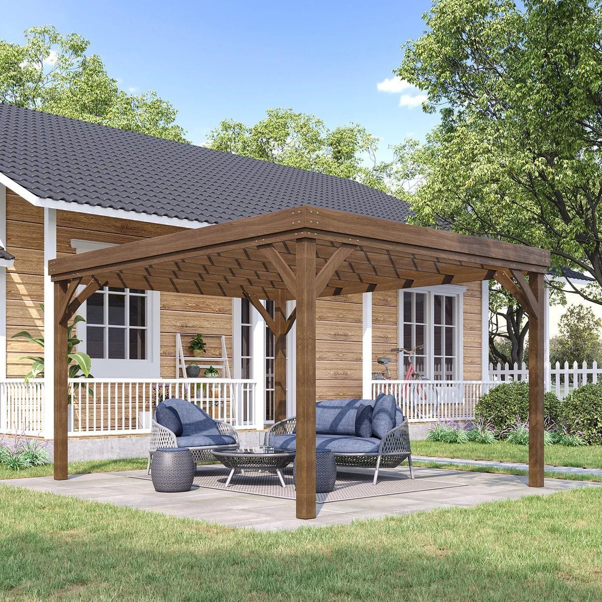 10′ x 12′ Outdoor Pergola, Wood Gazebo Grape Trellis with Concrete Anchors for Climbing Plant Support at Garden, Patio, Backyard, Deck, Brown - Image 2
